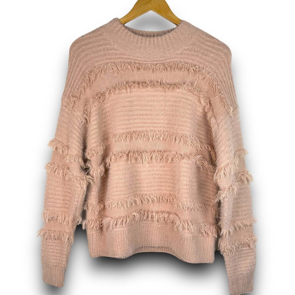 Pink Shaggy Eyelash Fringe Knit Sweater Mock Neck Drop Shoulders Boxy Small